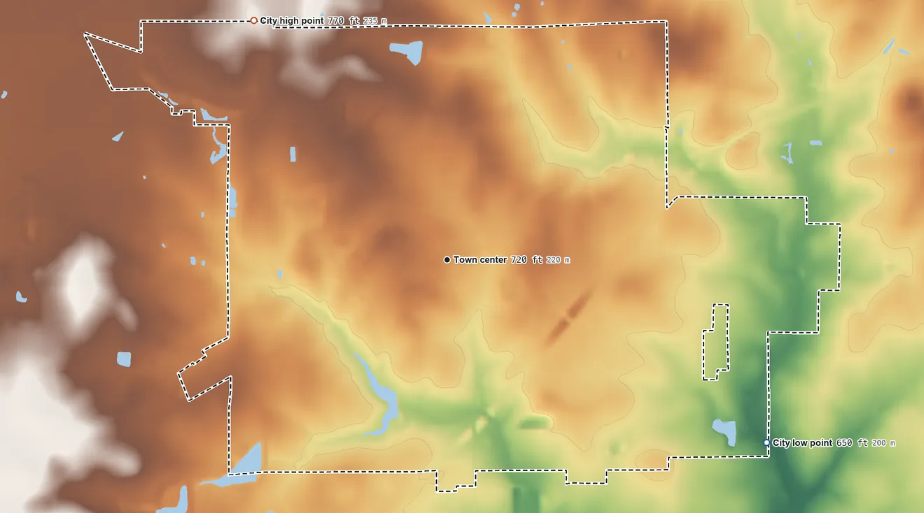 Topographic elevation map of Lytle, Texas, shaded from 650 ft on the southeast side to 770 ft on the northwest side