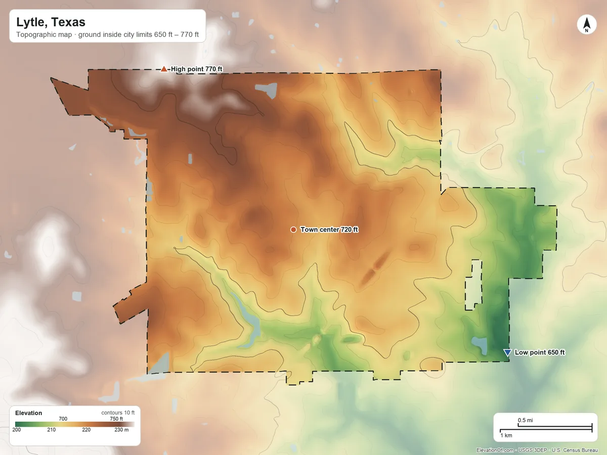 Topographic elevation map of Lytle, Texas, shaded from 650 ft on the southeast side to 770 ft on the northwest side