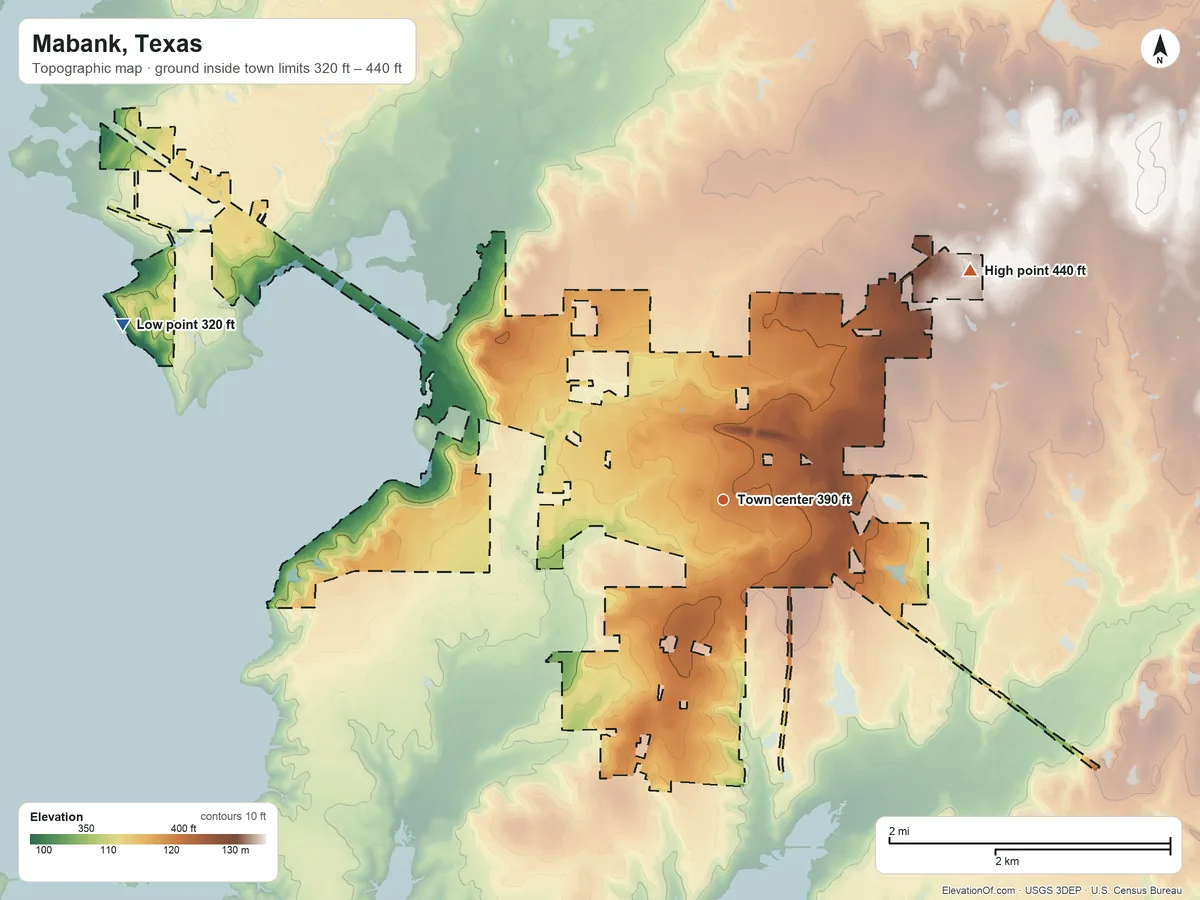 Topographic elevation map of Mabank, Texas, shaded from 320 ft on the west side to 440 ft on the northeast side