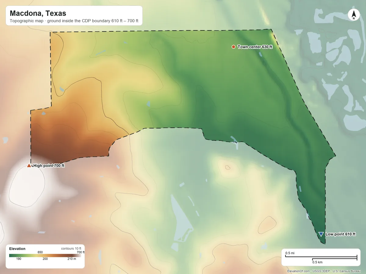 Topographic elevation map of Macdona, Texas, shaded from 610 ft on the southeast side to 700 ft on the southwest side
