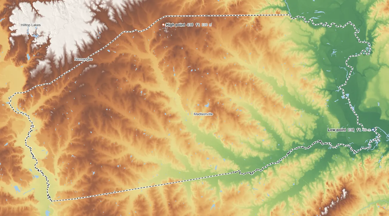 Topographic elevation map of Madison County, Texas, shaded from 130 ft on the east side to 430 ft on the north side