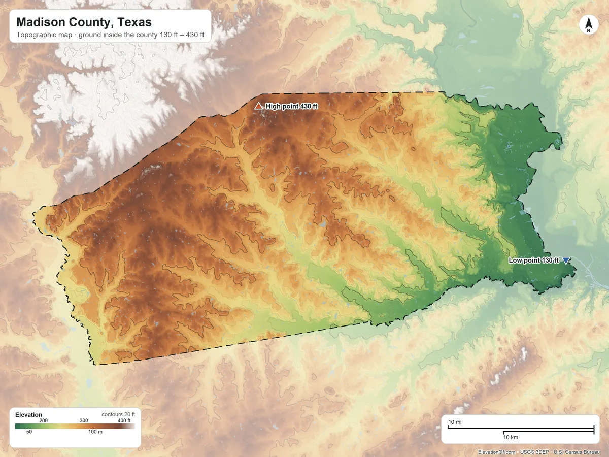 Topographic elevation map of Madison County, Texas, shaded from 130 ft on the east side to 430 ft on the north side