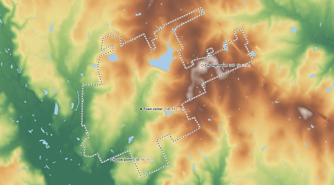 Topographic elevation map of Madisonville, Texas, shaded from 230 ft on the southwest side to 340 ft on the northeast side