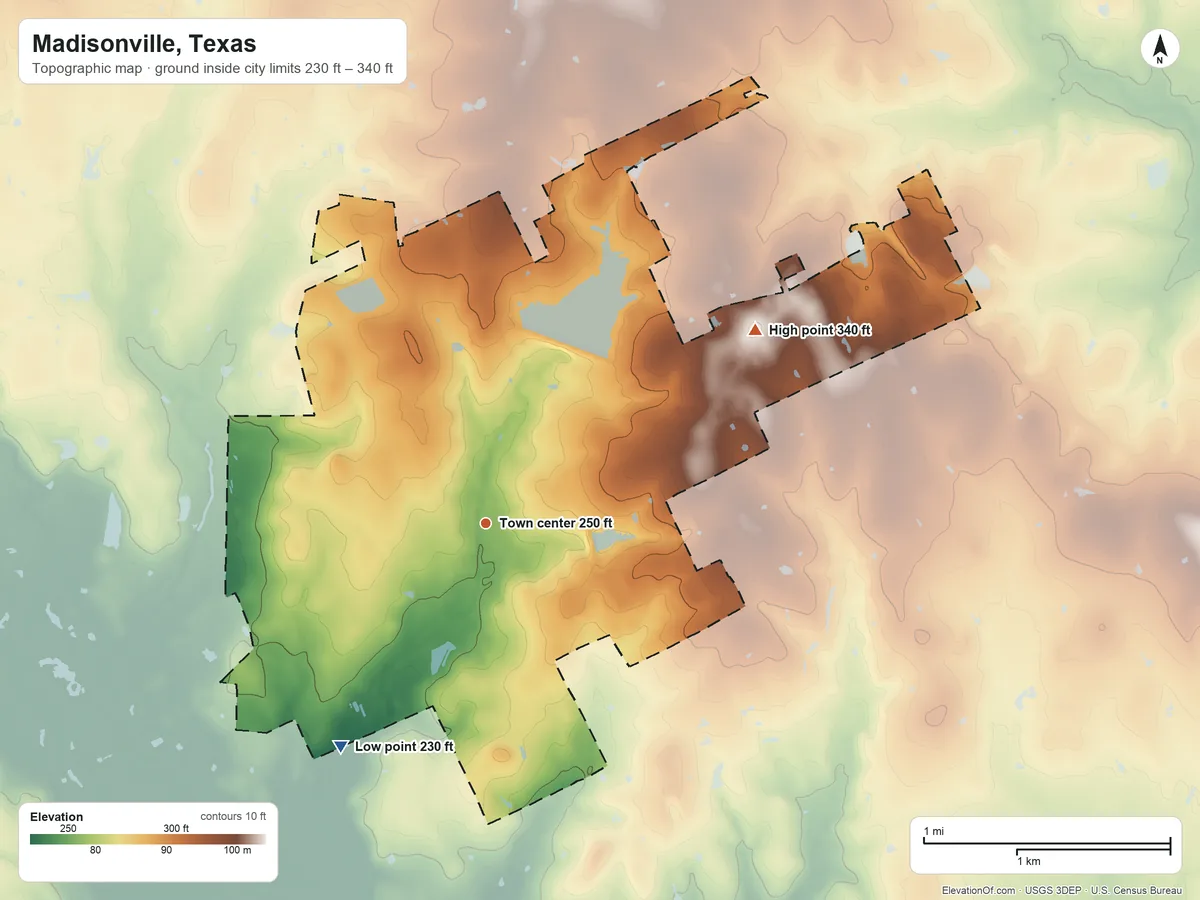 Topographic elevation map of Madisonville, Texas, shaded from 230 ft on the southwest side to 340 ft on the northeast side