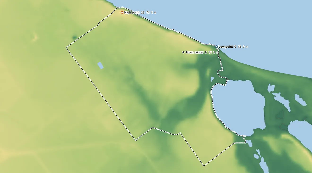 Topographic elevation map of Magnolia Beach, Texas, shaded from sea level level on Lavaca Bay to 13 ft on the northwest side