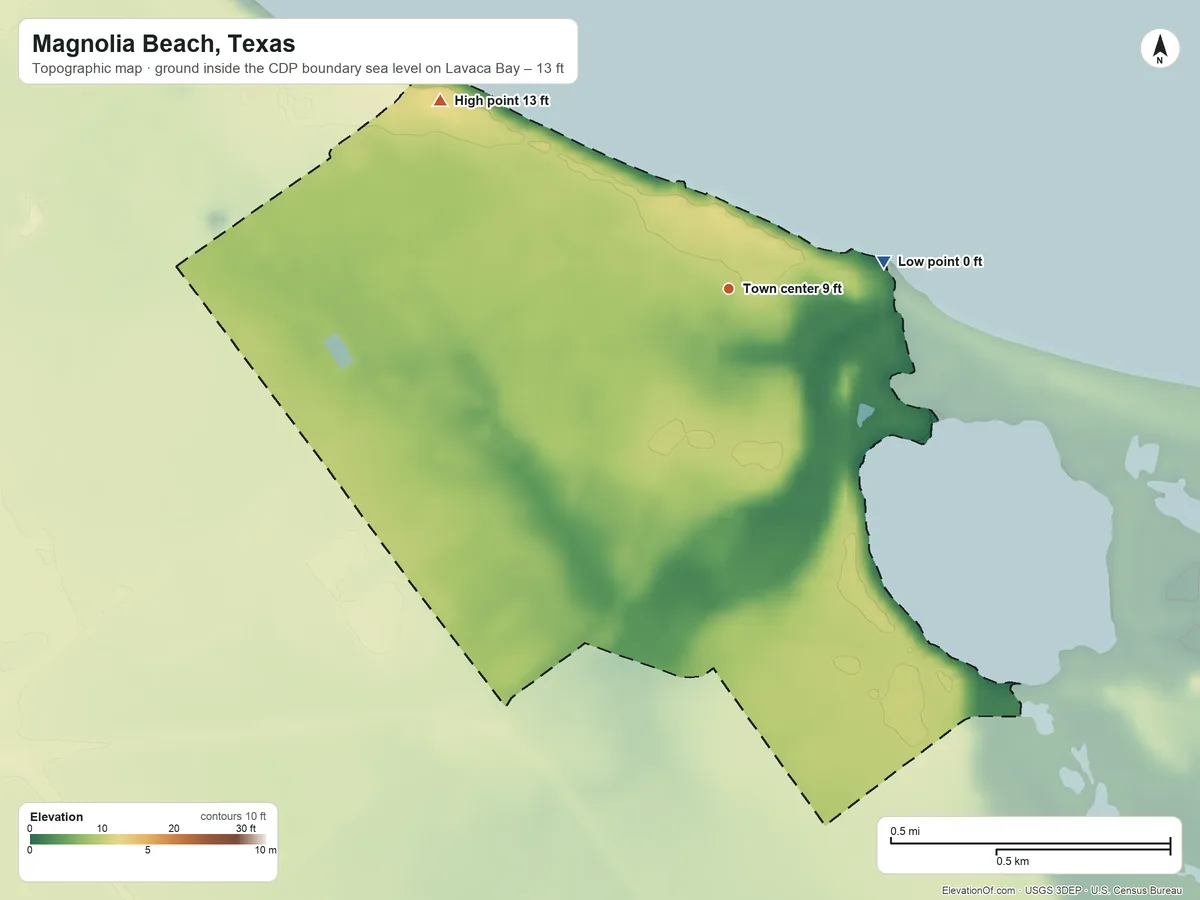 Topographic elevation map of Magnolia Beach, Texas, shaded from sea level level on Lavaca Bay to 13 ft on the northwest side