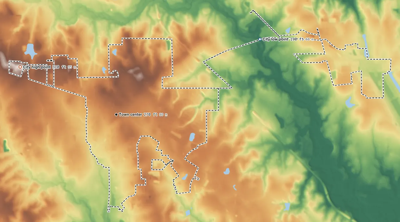 Topographic elevation map of Magnolia, Texas, shaded from 190 ft on the northeast side to 310 ft on the northwest side
