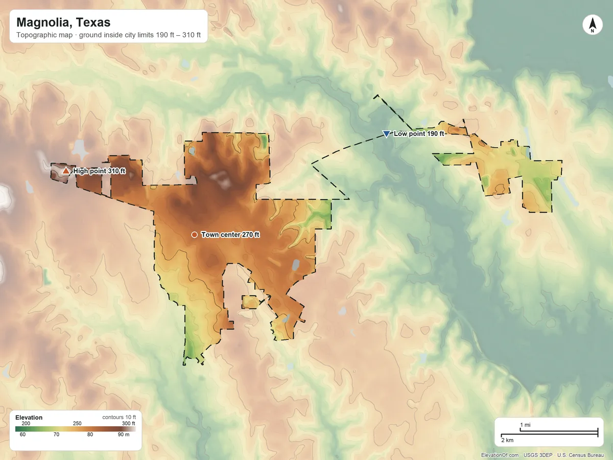 Topographic elevation map of Magnolia, Texas, shaded from 190 ft on the northeast side to 310 ft on the northwest side