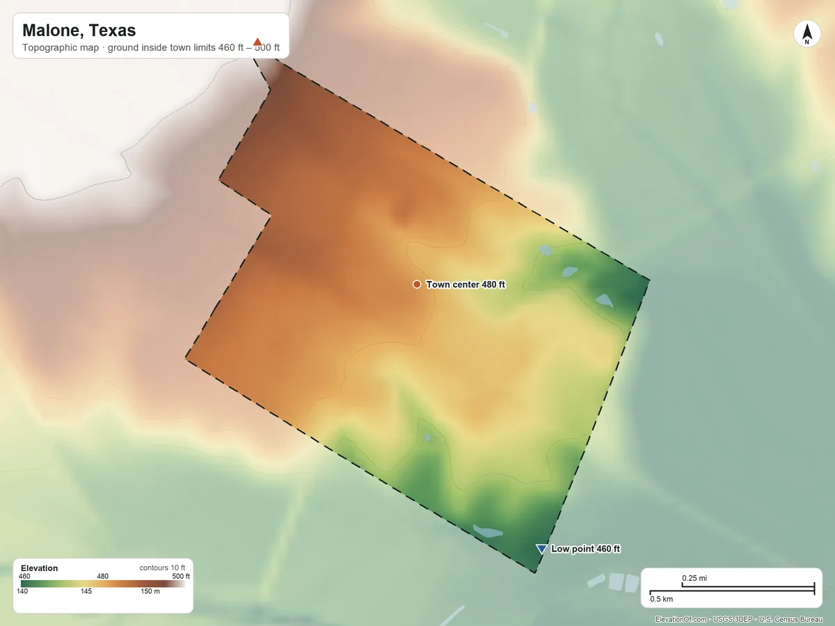 Topographic elevation map of Malone, Texas, shaded from 460 ft on the southeast side to 500 ft on the northwest side