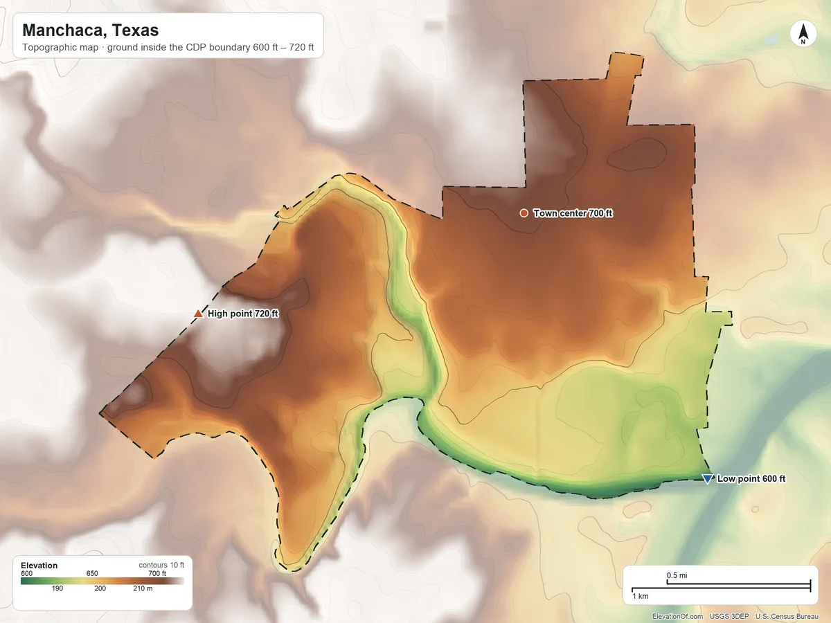 Topographic elevation map of Manchaca, Texas, shaded from 600 ft on the southeast side to 720 ft on the west side