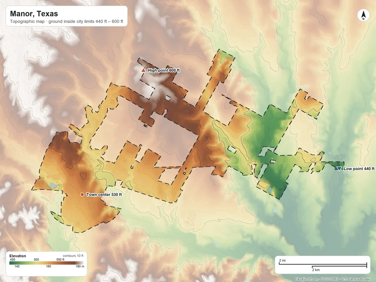 Topographic elevation map of Manor, Texas, shaded from 440 ft on the east side to 600 ft on the northeast side