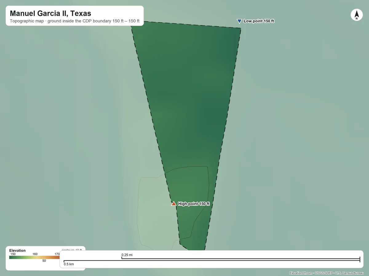 Topographic elevation map of Manuel Garcia II, Texas, shaded from 150 ft on the northeast side to 150 ft on the south side
