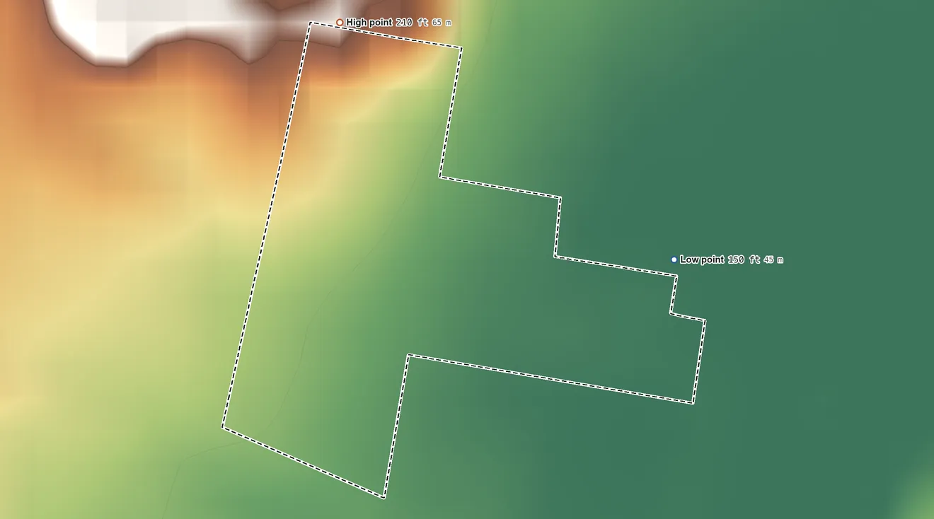 Topographic elevation map of Manuel Garcia, Texas, shaded from 150 ft on the east side to 210 ft on the northwest side