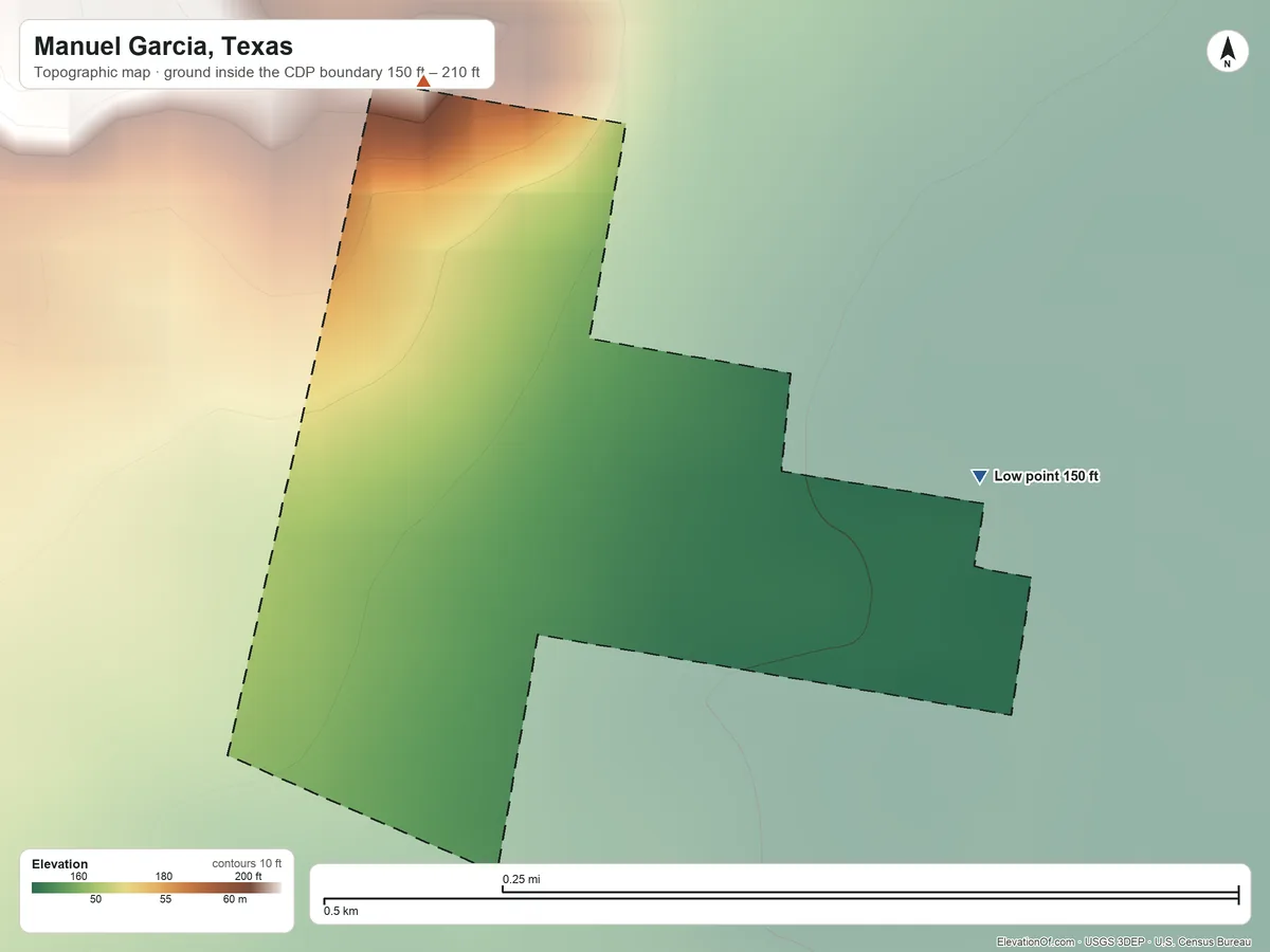 Topographic elevation map of Manuel Garcia, Texas, shaded from 150 ft on the east side to 210 ft on the northwest side