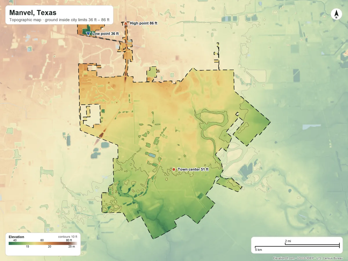 Topographic elevation map of Manvel, Texas, shaded from 36 ft on the northwest side to 86 ft on the north side