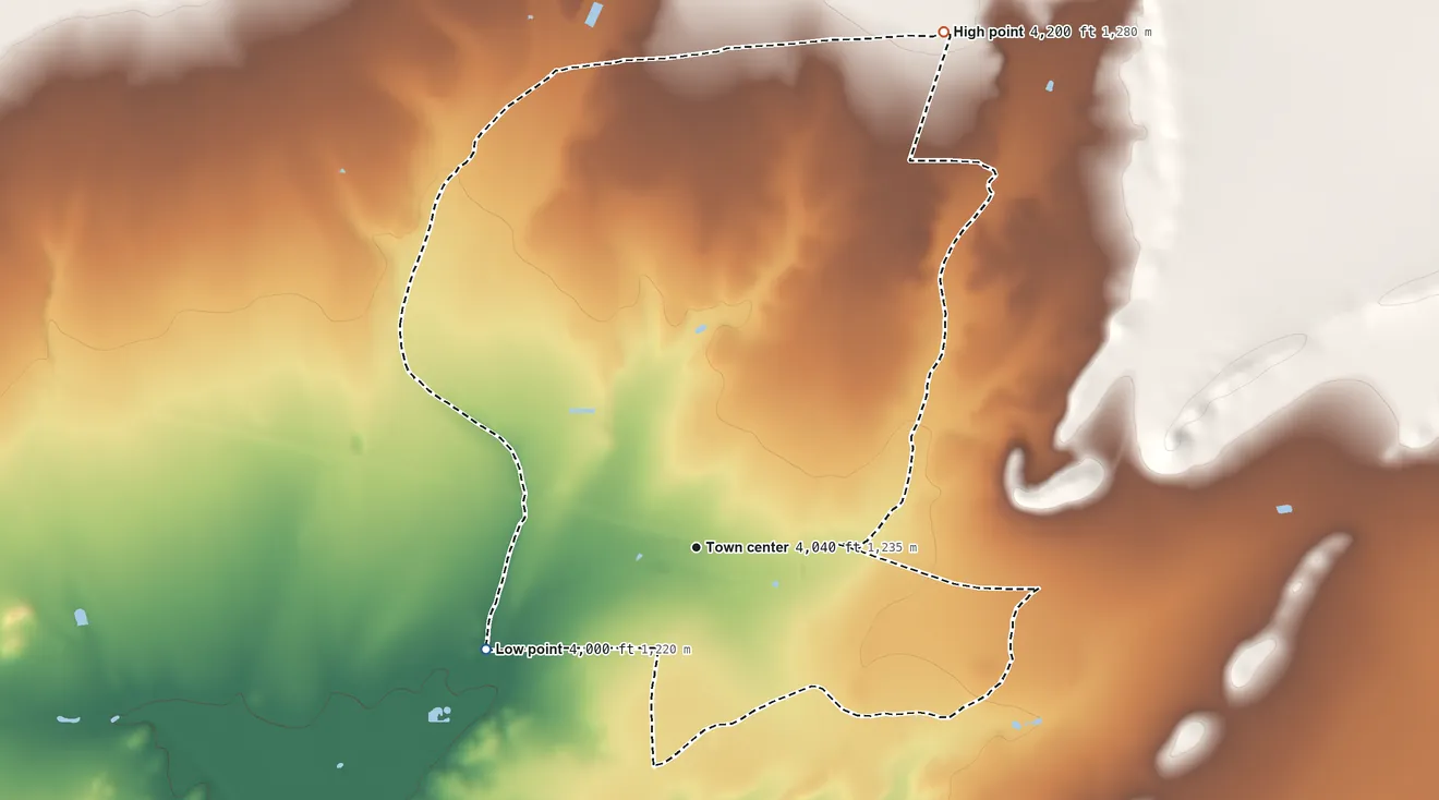 Topographic elevation map of Marathon, Texas, shaded from 4,000 ft on the southwest side to 4,200 ft on the northeast side