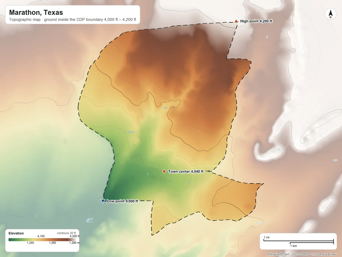 Topographic elevation map of Marathon, Texas, shaded from 4,000 ft on the southwest side to 4,200 ft on the northeast side