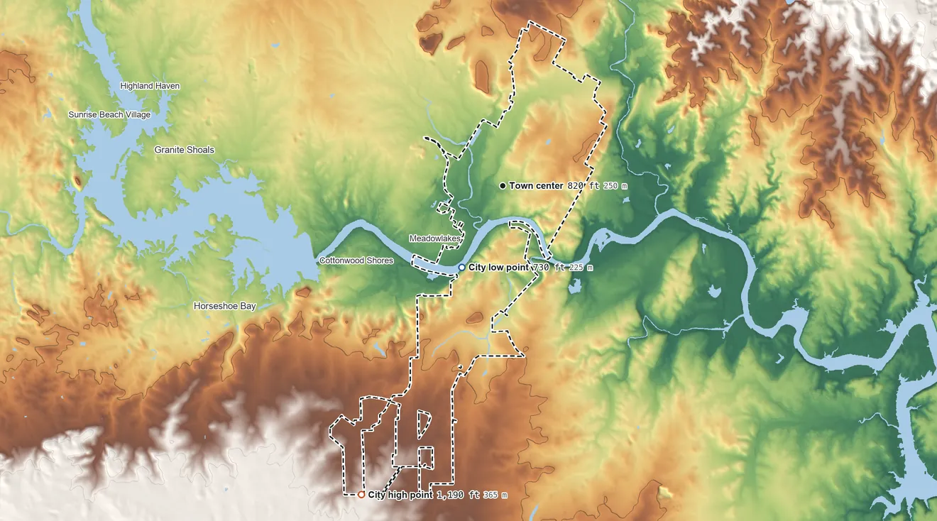 Topographic elevation map of Marble Falls, Texas, shaded from 730 ft on the southwest side to 1,190 ft on the southwest side