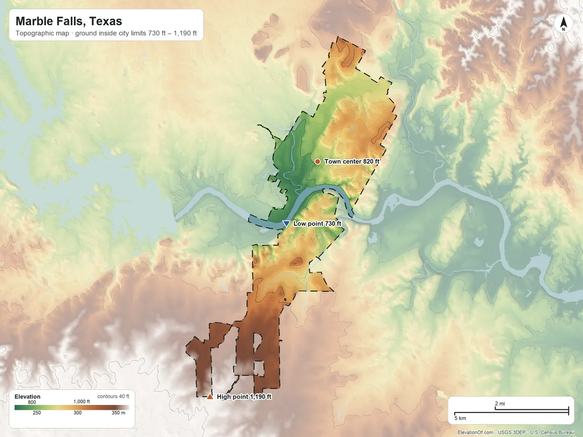 Topographic elevation map of Marble Falls, Texas, shaded from 730 ft on the southwest side to 1,190 ft on the southwest side
