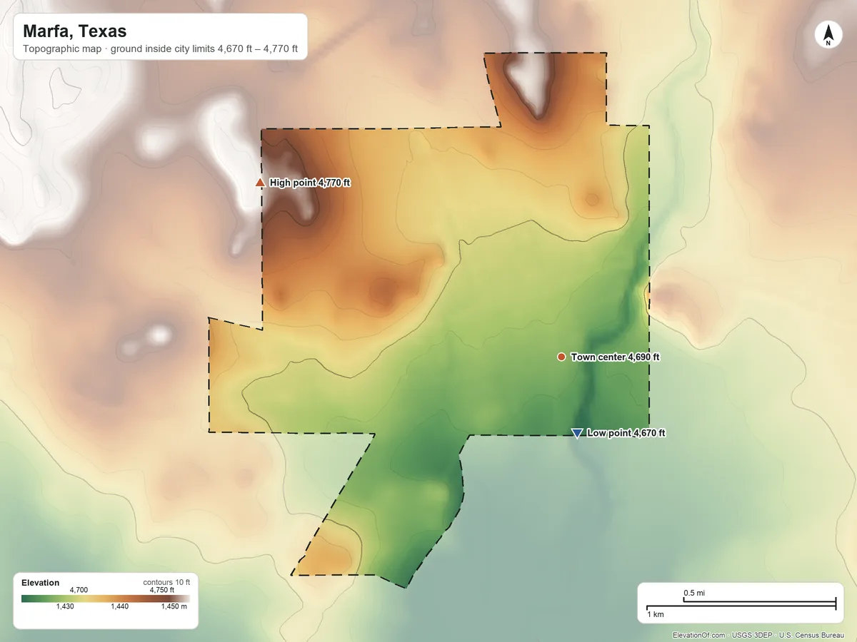 Topographic elevation map of Marfa, Texas, shaded from 4,670 ft on the south side to 4,770 ft on the northwest side