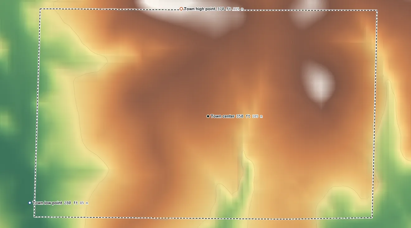 Topographic elevation map of Marietta, Texas, shaded from 280 ft on the southwest side to 370 ft on the north side