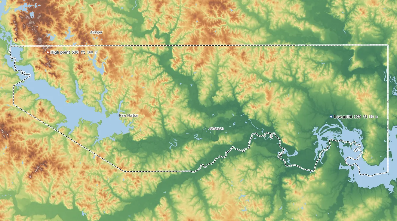 Topographic elevation map of Marion County, Texas, shaded from 170 ft on the east side to 530 ft on the west side