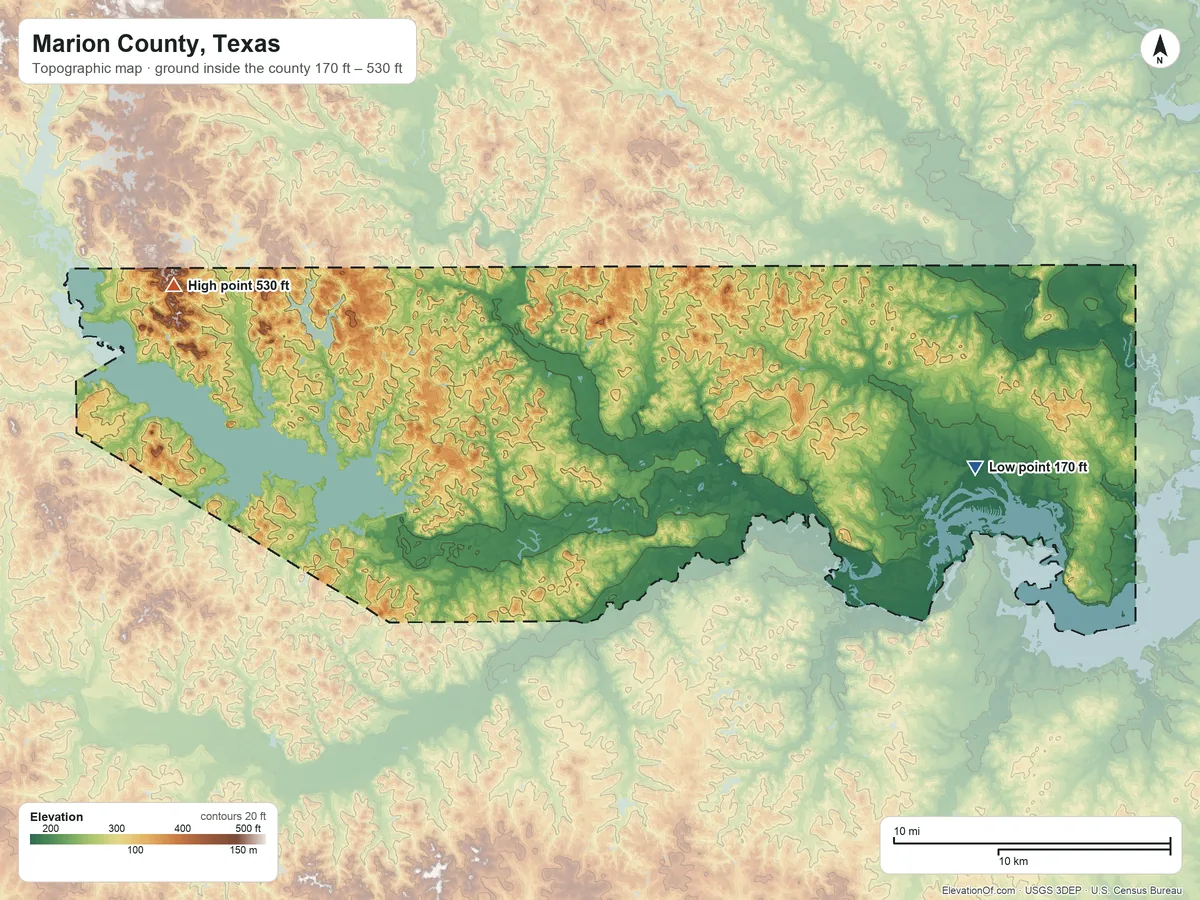 Topographic elevation map of Marion County, Texas, shaded from 170 ft on the east side to 530 ft on the west side