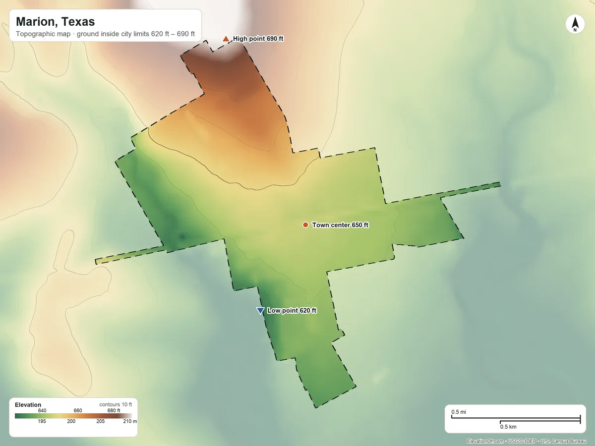 Topographic elevation map of Marion, Texas, shaded from 620 ft on the southwest side to 690 ft on the northwest side