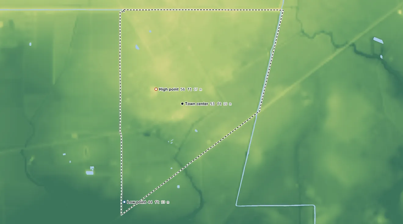 Topographic elevation map of Markham, Texas, shaded from 44 ft on the southwest side to 56 ft on the northwest side