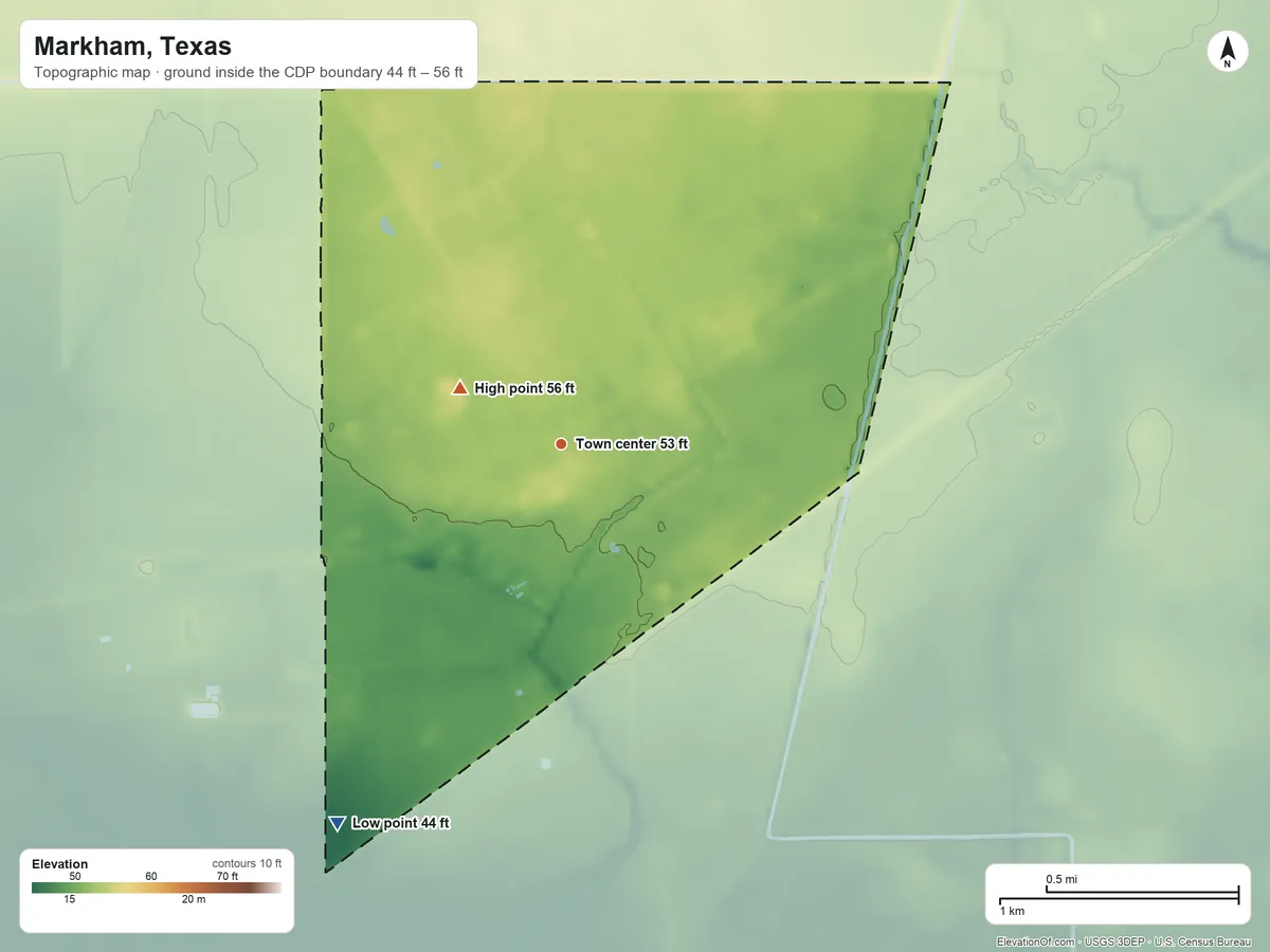 Topographic elevation map of Markham, Texas, shaded from 44 ft on the southwest side to 56 ft on the northwest side