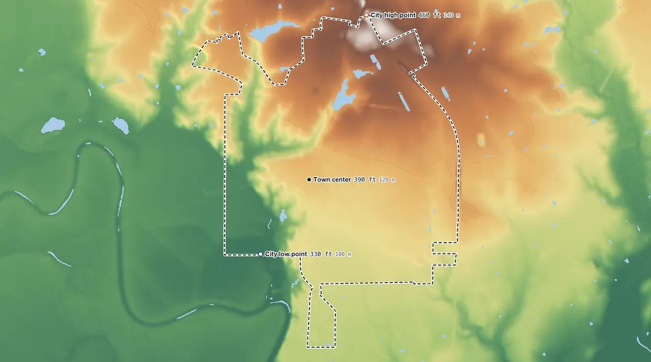 Topographic elevation map of Marlin, Texas, shaded from 330 ft on the southwest side to 460 ft on the north side