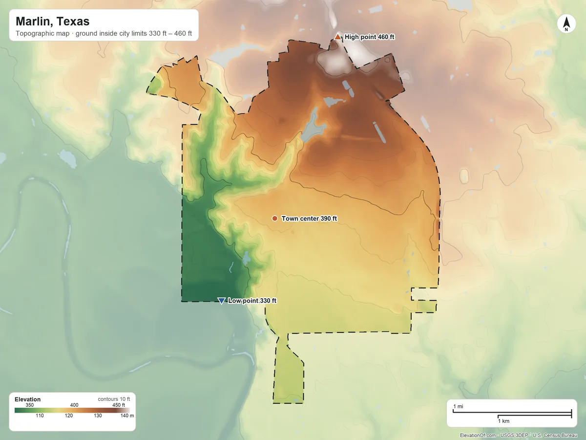 Topographic elevation map of Marlin, Texas, shaded from 330 ft on the southwest side to 460 ft on the north side