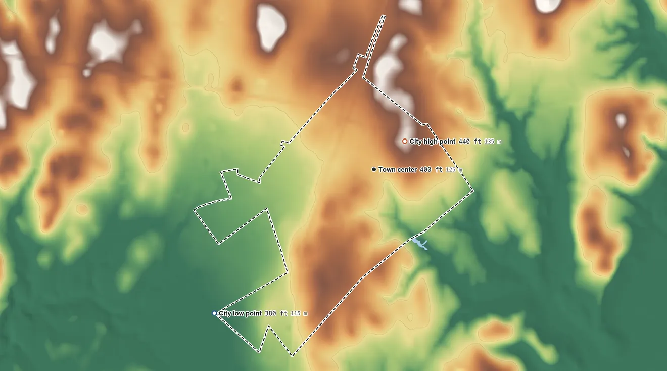 Topographic elevation map of Marquez, Texas, shaded from 380 ft on the southwest side to 440 ft near the middle