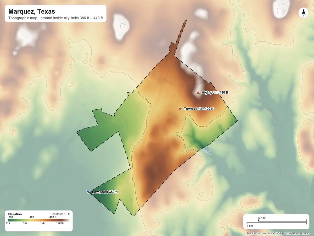 Topographic elevation map of Marquez, Texas, shaded from 380 ft on the southwest side to 440 ft near the middle