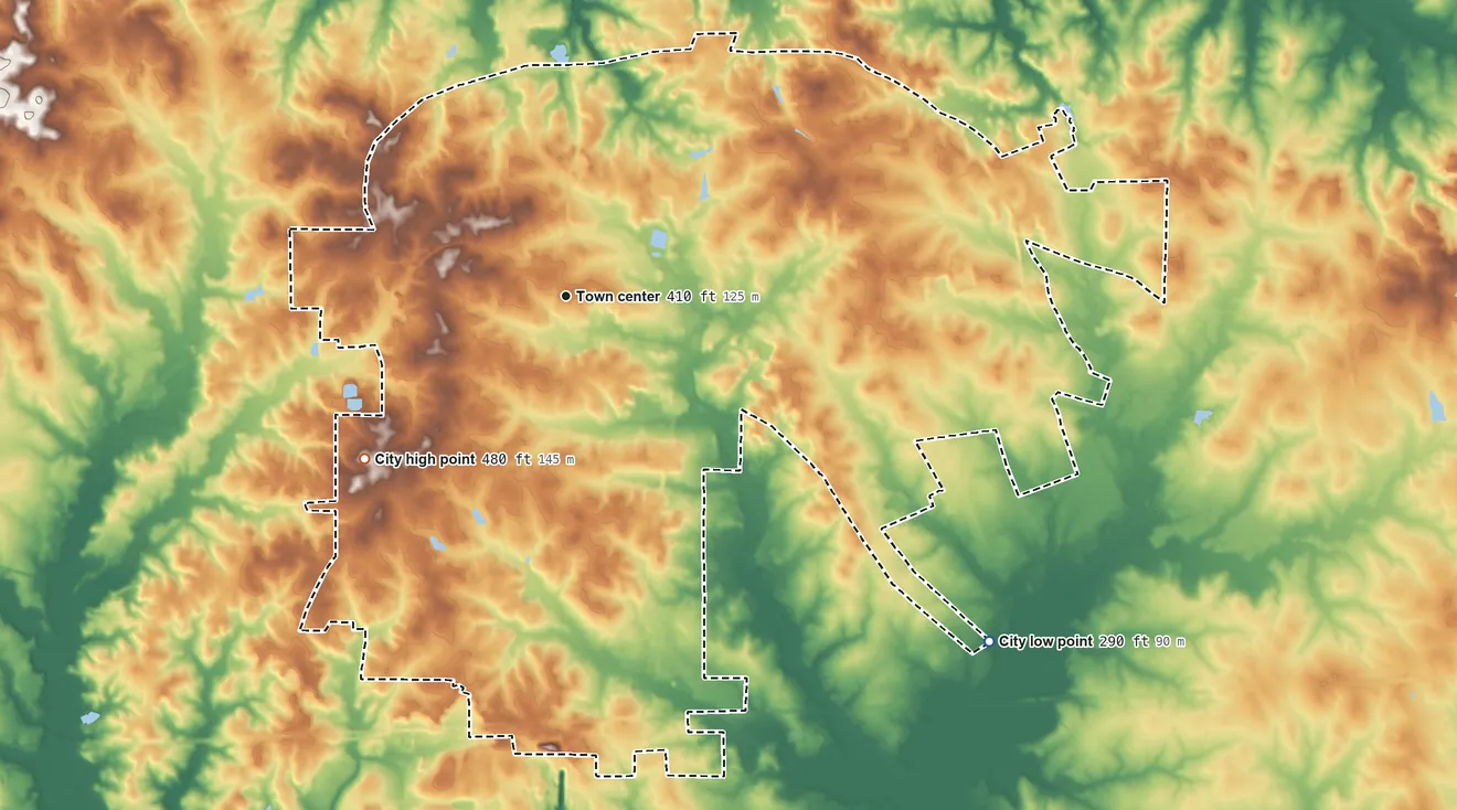 Topographic elevation map of Marshall, Texas, shaded from 290 ft on the southeast side to 480 ft on the southwest side