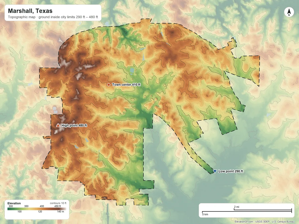 Topographic elevation map of Marshall, Texas, shaded from 290 ft on the southeast side to 480 ft on the southwest side