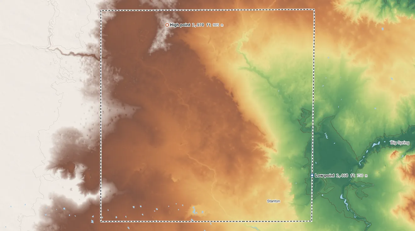 Topographic elevation map of Martin County, Texas, shaded from 2,460 ft on the southeast side to 2,970 ft on the northwest side