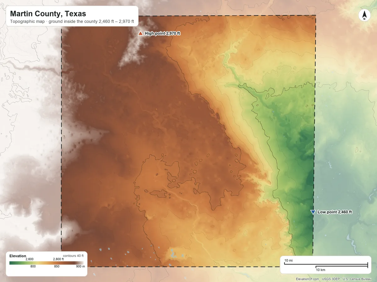Topographic elevation map of Martin County, Texas, shaded from 2,460 ft on the southeast side to 2,970 ft on the northwest side