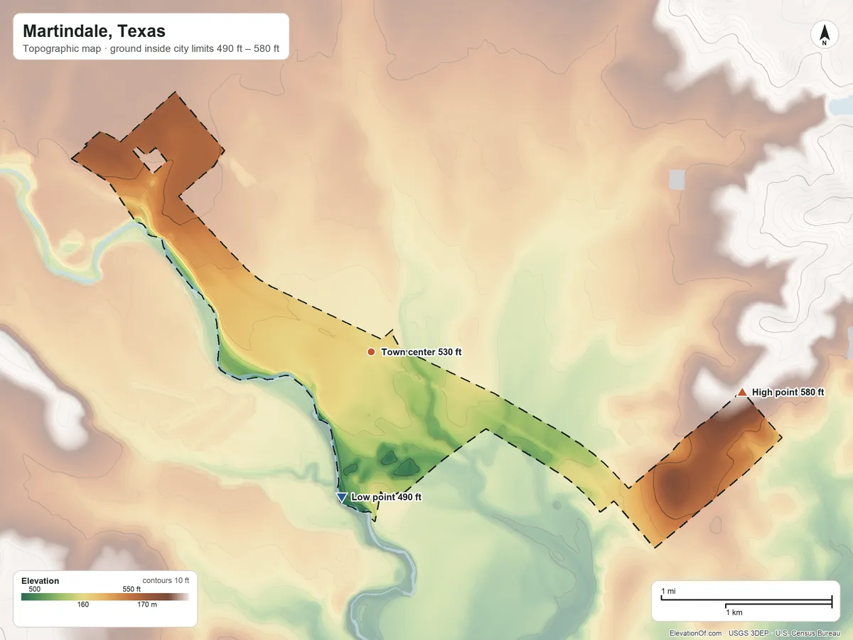 Topographic elevation map of Martindale, Texas, shaded from 490 ft on the south side to 580 ft on the east side