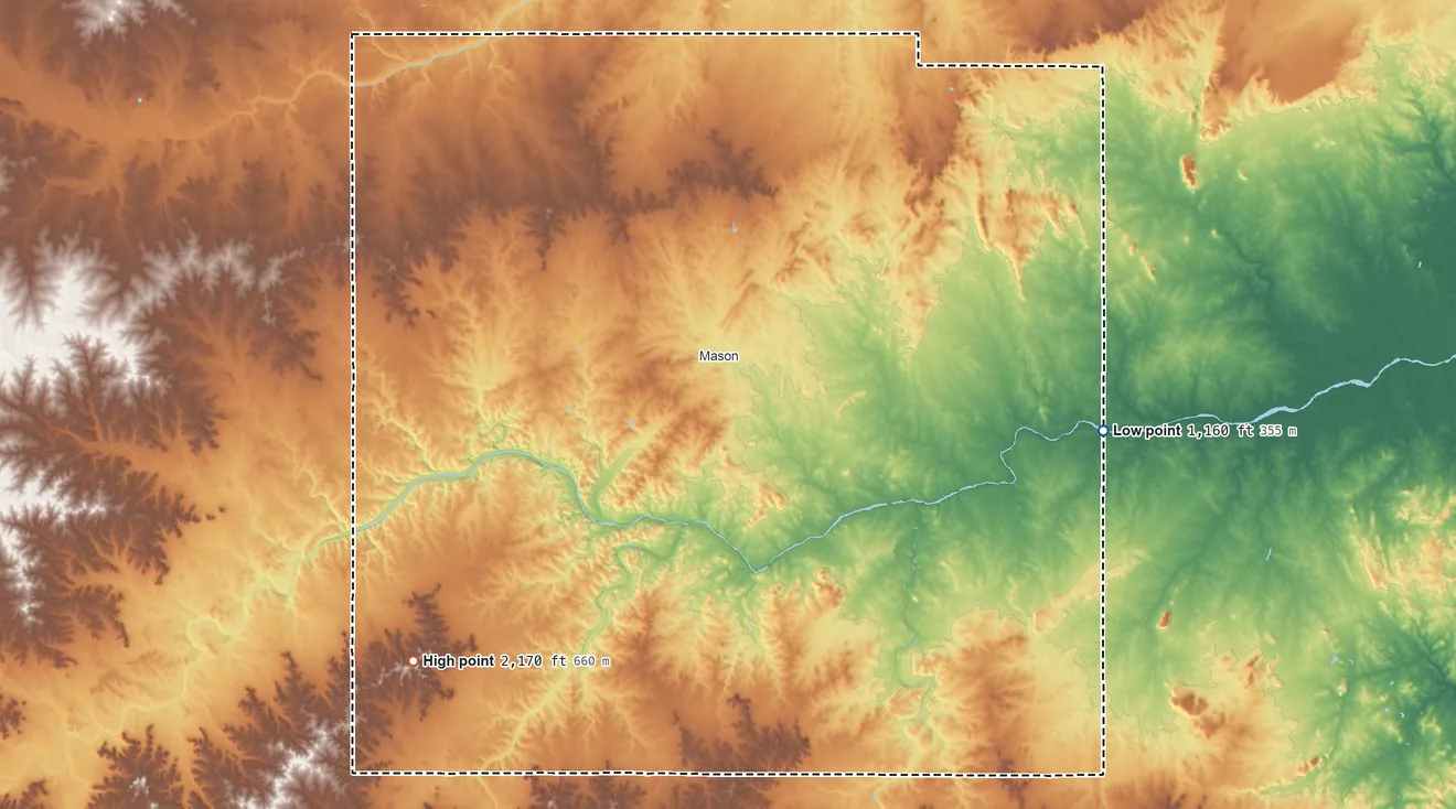Topographic elevation map of Mason County, Texas, shaded from 1,160 ft on the east side to 2,170 ft on Monument Mountain