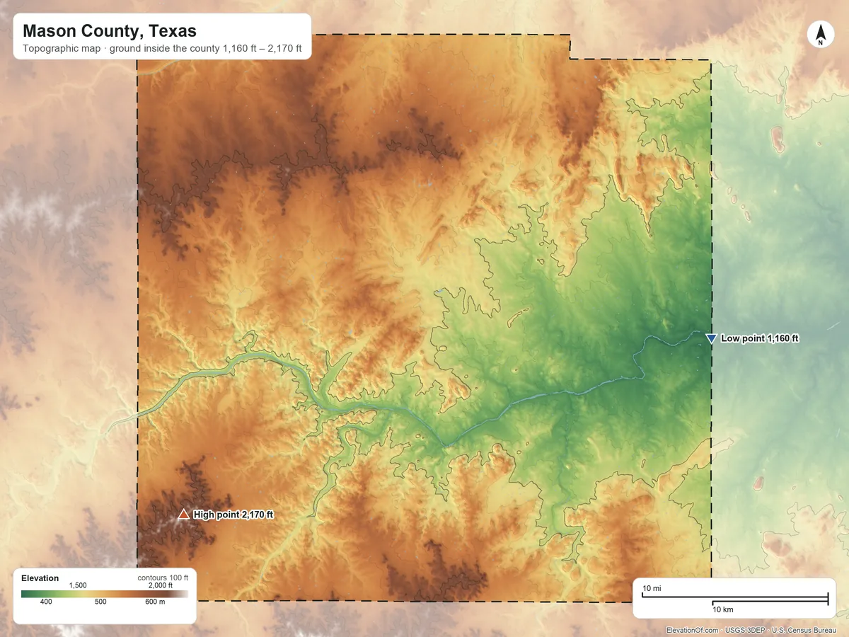 Topographic elevation map of Mason County, Texas, shaded from 1,160 ft on the east side to 2,170 ft on Monument Mountain