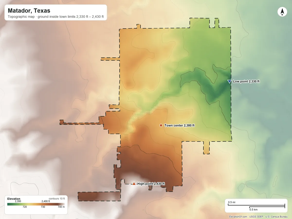 Topographic elevation map of Matador, Texas, shaded from 2,330 ft on the northeast side to 2,430 ft on the southwest side