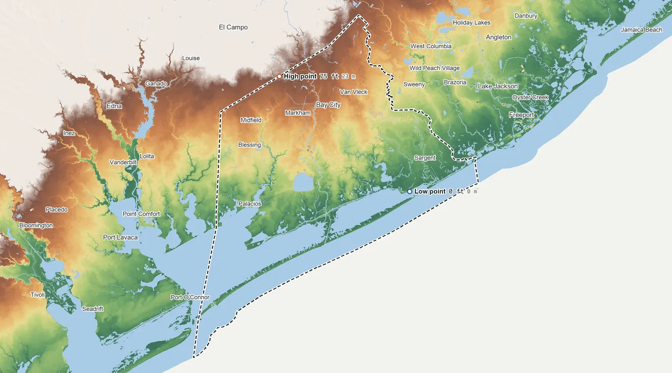 Topographic elevation map of Matagorda County, Texas, shaded from sea level on East Matagorda Bay to 75 ft on the northwest side