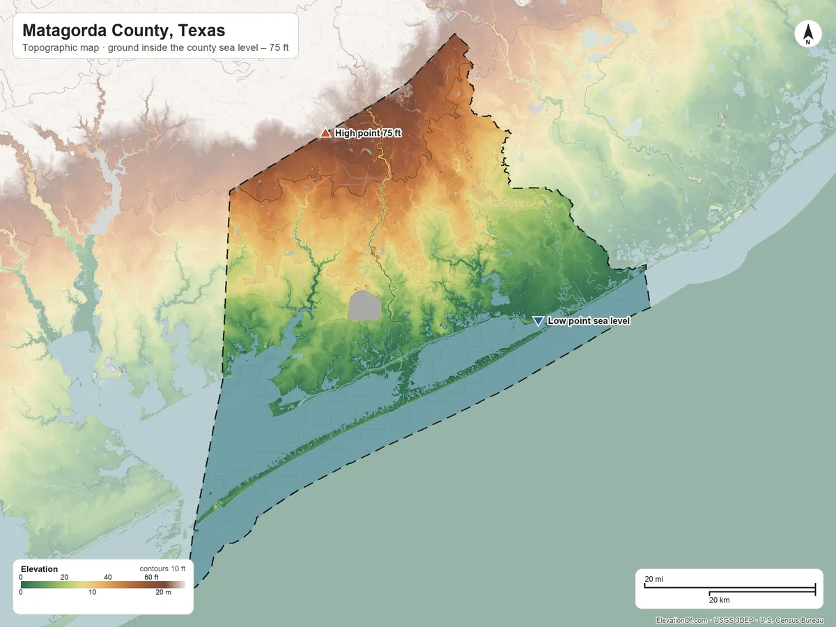 Topographic elevation map of Matagorda County, Texas, shaded from sea level on East Matagorda Bay to 75 ft on the northwest side
