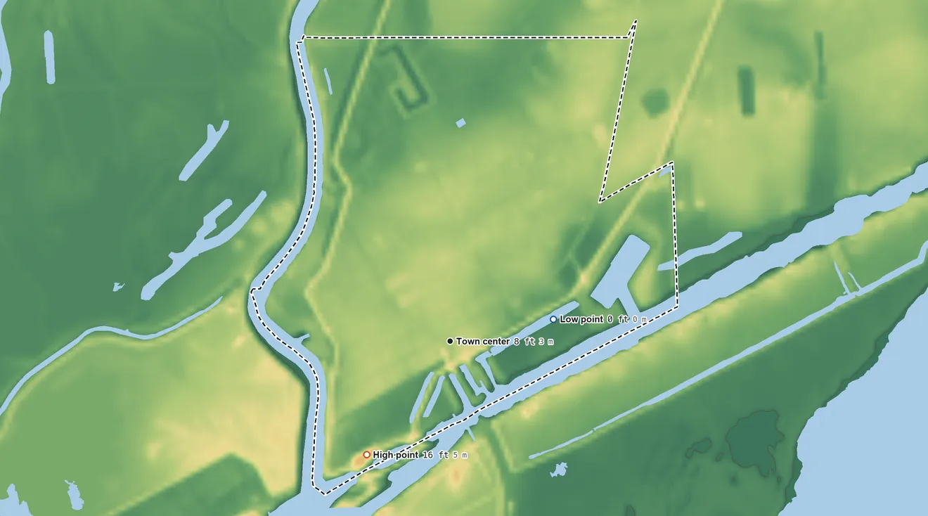 Topographic elevation map of Matagorda, Texas, shaded from 0 ft on the east side to 16 ft on the southwest side