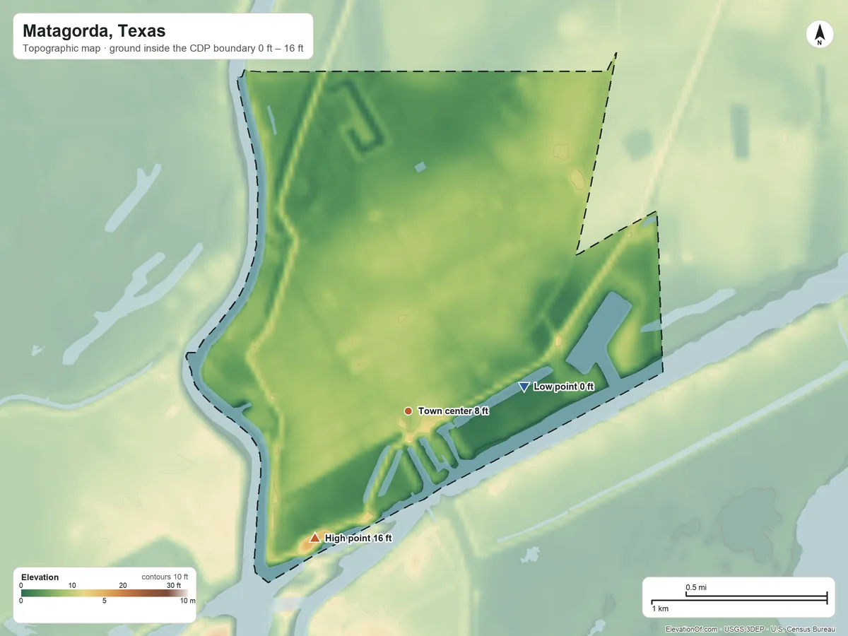 Topographic elevation map of Matagorda, Texas, shaded from 0 ft on the east side to 16 ft on the southwest side