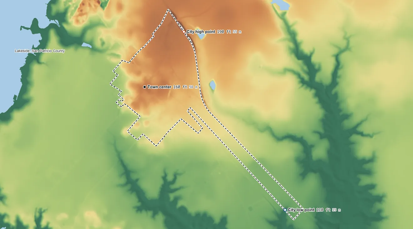 Topographic elevation map of Mathis, Texas, shaded from 110 ft on the southeast side to 190 ft on the northeast side