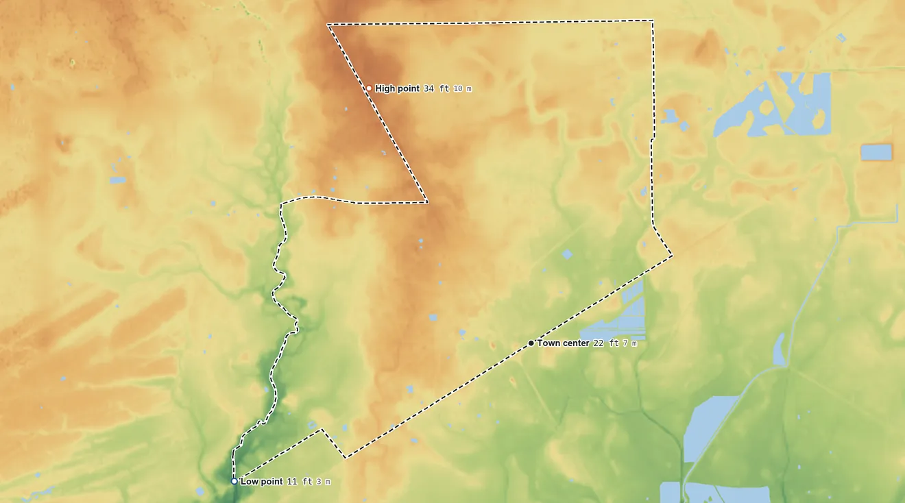 Topographic elevation map of Mauriceville, Texas, shaded from 11 ft on the southwest side to 34 ft on the northwest side