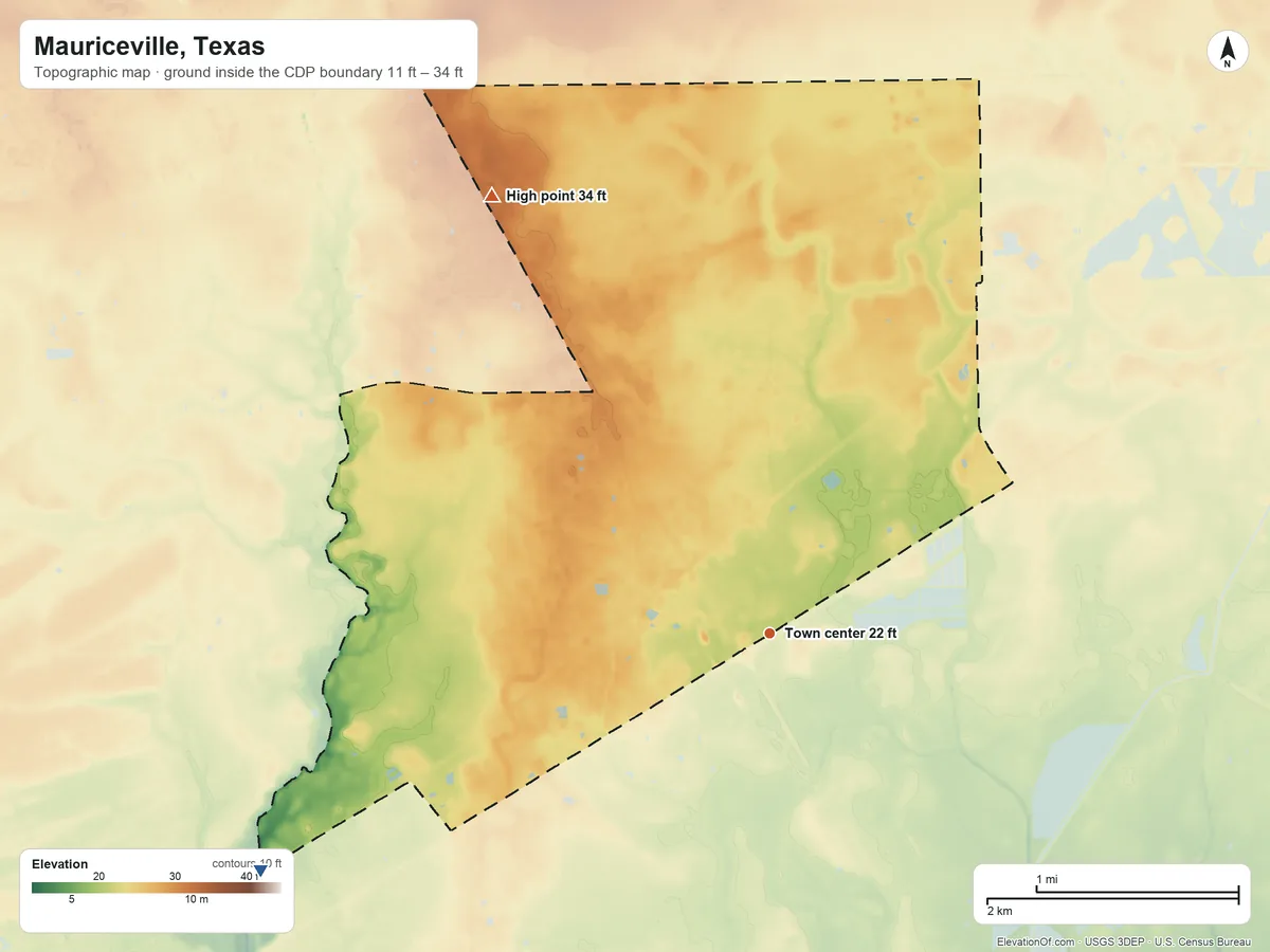 Topographic elevation map of Mauriceville, Texas, shaded from 11 ft on the southwest side to 34 ft on the northwest side