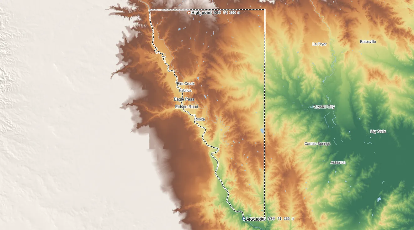 Topographic elevation map of Maverick County, Texas, shaded from 530 ft on the south side to 980 ft on the north side